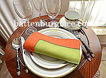 Multicolor Hemstitch Napkins. Macaw Green with Flame Orange